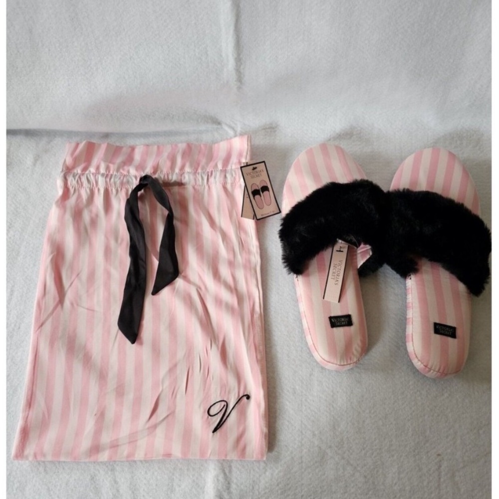 Victoria's Secret SATIN SLIPPERS FAUX FUR STRIPED PINK WHITE BLACK MEDIUM  5-6